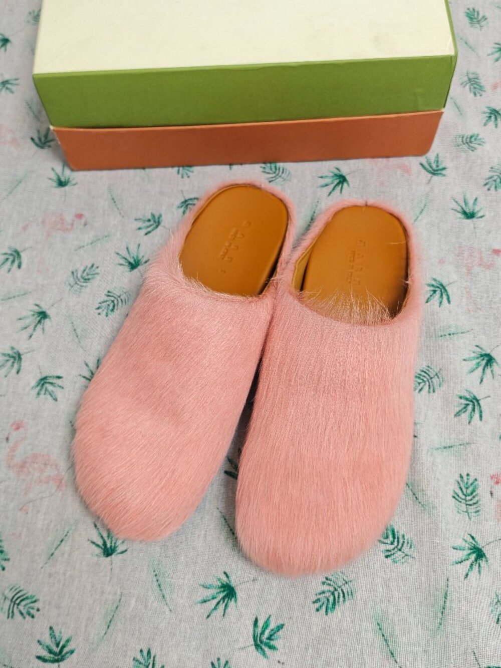 Marni Pink Long Hair Fur Mules Slip On Slippers Round Toe